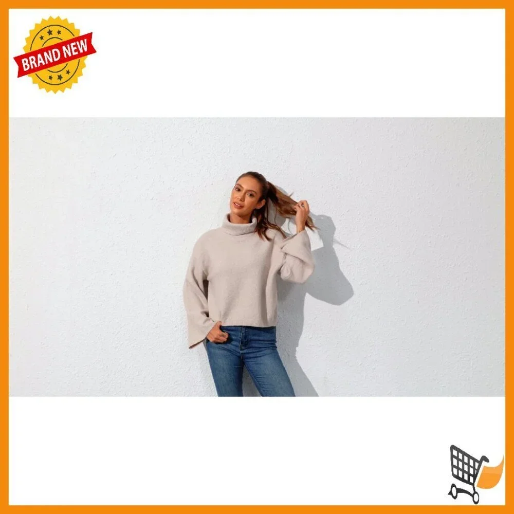 Women's Crop Sweater Turtleneck Long Sleeve Lightweight Fleece Pullover